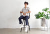 male model full shot of a Hong Kong made GOC Studio white and red badminton cotton poplin shirt