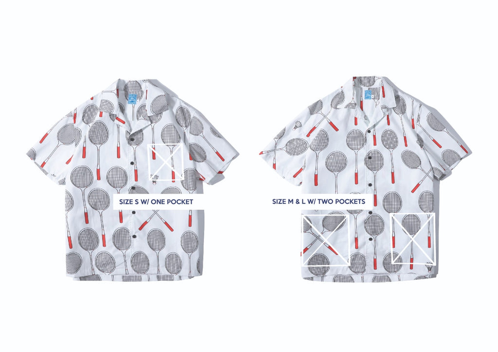 pocket position of a Hong Kong made GOC Studio white and red badminton cotton poplin shirt