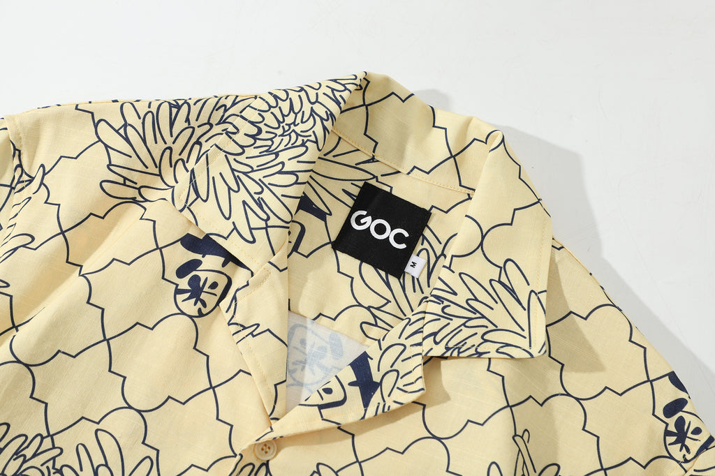 collar view of a Hong Kong made GOC Studio yellow chrysanthemum Tencel linen shirt