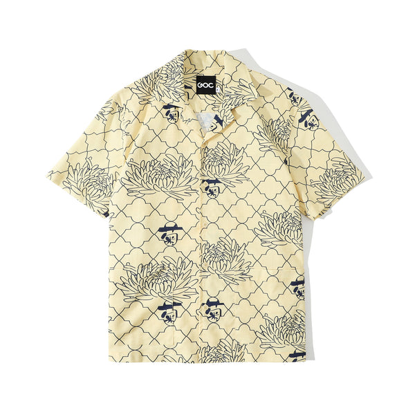 front view of a Hong Kong made GOC Studio yellow chrysanthemum Tencel linen shirt