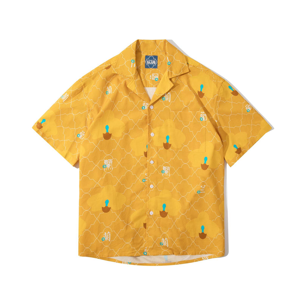 front view of a Hong Kong made GOC Studio yellow orchid cotton shirt