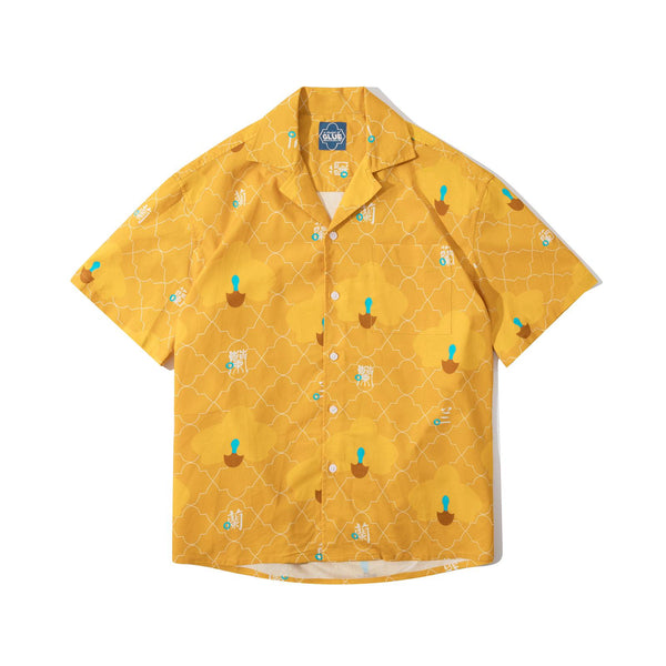 front view of a Hong Kong made GOC Studio yellow orchid cotton shirt