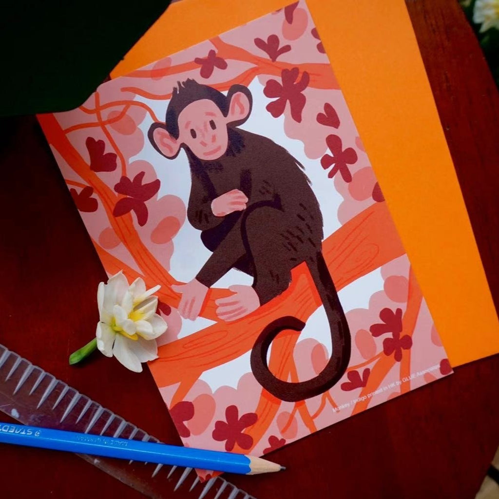 Glue Twelve Zodiac Animals Indigo Printed Card - Monkey - GLUE Associates