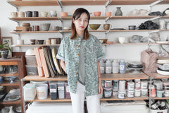 Incense Harbour Convertible Collar Half Sleeves Shirt - Fish pattern printed on broadcloth (Green) - GLUE Associates