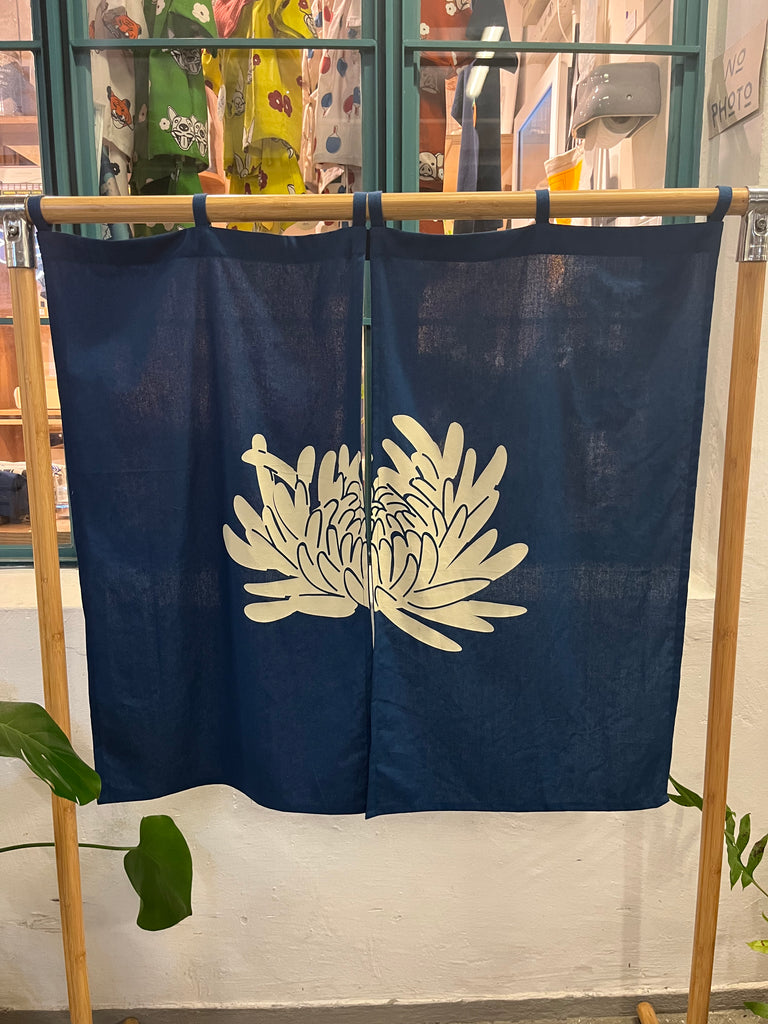 Cotton  indigo door curtain/ tea towel - White chrysanthemum - GLUE Associates