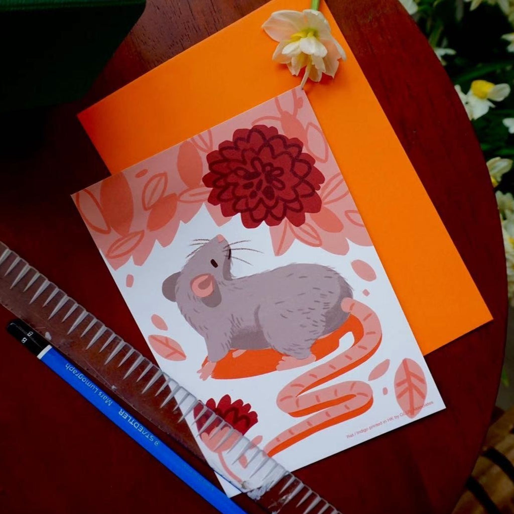 Glue Twelve Zodiac Animals Indigo Printed Card - Rat