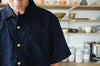 Incense Harbour Convertible Collar Half Sleeves Shirt - Strips discharge indigo-dyed slub cotton - GLUE Associates