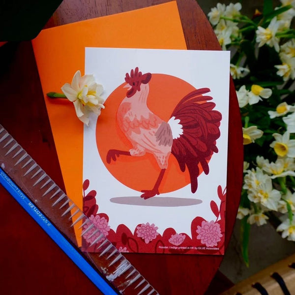 Glue Twelve Zodiac Animals Indigo Printed Card - Rooster - GLUE Associates